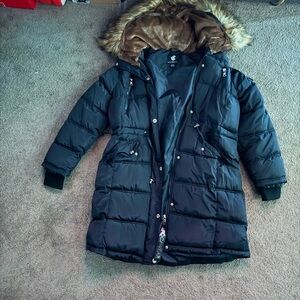 Black Puffer Coat with Faux Fur Hood